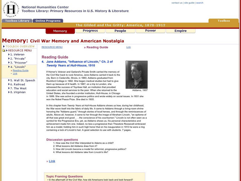 National Humanities Center: Toolbox Library: Memory: Civil War Memory and American Nostalgia: Influence of Lincoln Activity National Humanities Center: Toolbox Library: Memory: Civil War Memory and American Nostalgia: Influence of Lincoln Activity