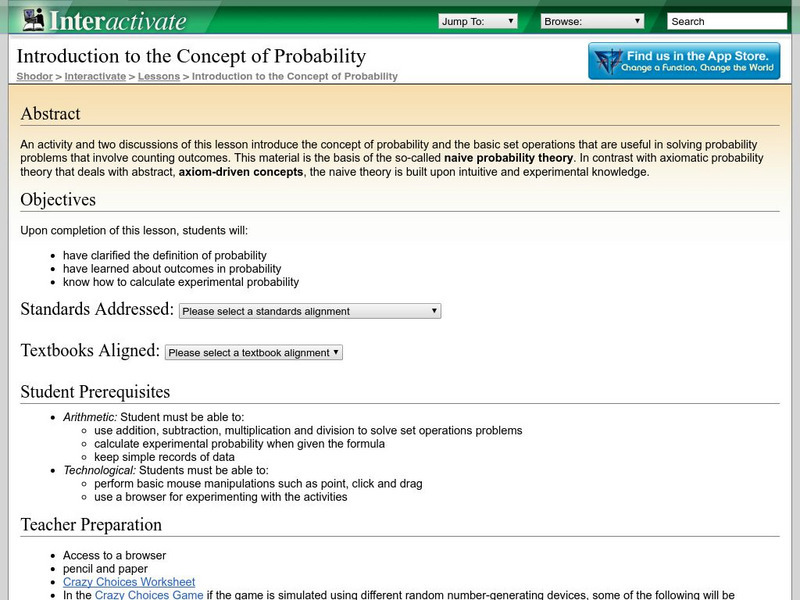 Shodor Interactivate: Lesson: Intro to the Concept of Probability Lesson Plan Shodor Interactivate: Lesson: Intro to the Concept of Probability Lesson Plan