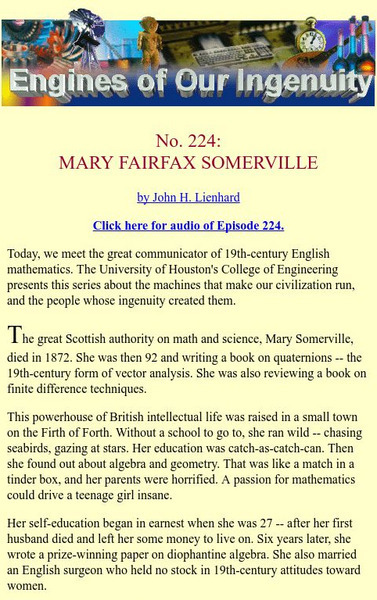 University of Houston: Engines of Our Ingenuity: Mary Somerville (1780 1872 Ce) Primary University of Houston: Engines of Our Ingenuity: Mary Somerville (1780 1872 Ce) Primary