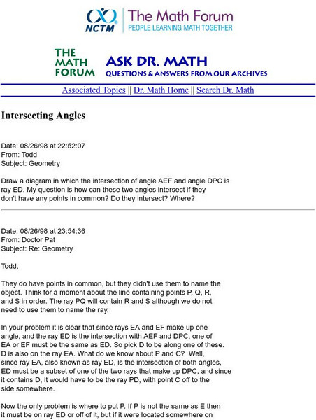 The Math Forum: Ask Dr. Math: Intersecting Angles Website The Math Forum: Ask Dr. Math: Intersecting Angles Website