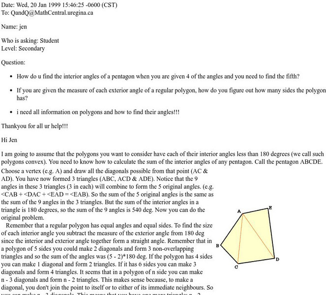 University of Regina: Math Central: Interior Angle Measure of a Polygon Website University of Regina: Math Central: Interior Angle Measure of a Polygon Website