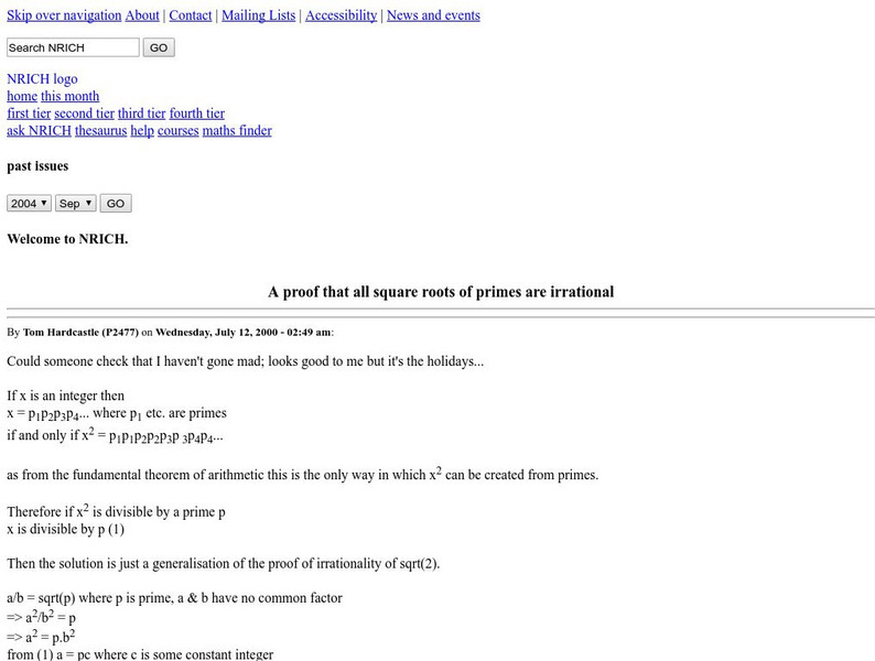 University of Cambridge: Nrich: Irrational Proof Handout University of Cambridge: Nrich: Irrational Proof Handout