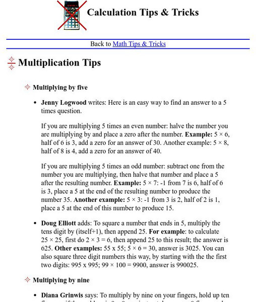 The Math Forum: Calculation Tips & Tricks: Multiplication Tips Activity The Math Forum: Calculation Tips & Tricks: Multiplication Tips Activity