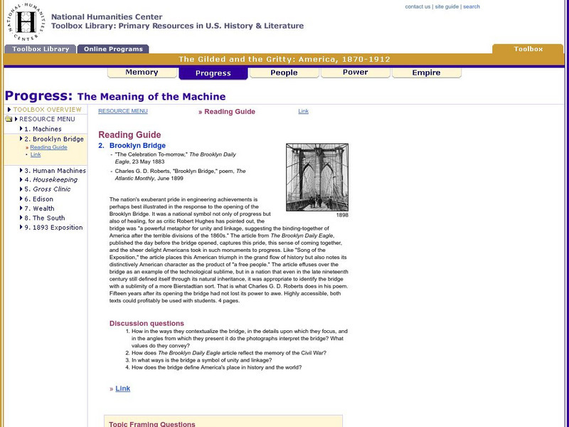 National Humanities Center: Toolbox Library: Progress: The Meaning of the Machine: Brooklyn Bridge Unit Plan National Humanities Center: Toolbox Library: Progress: The Meaning of the Machine: Brooklyn Bridge Unit Plan