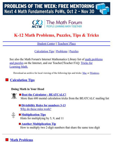 The Math Forum: K 12 Math Problems, Puzzles, Tips & Tricks Activity The Math Forum: K 12 Math Problems, Puzzles, Tips & Tricks Activity