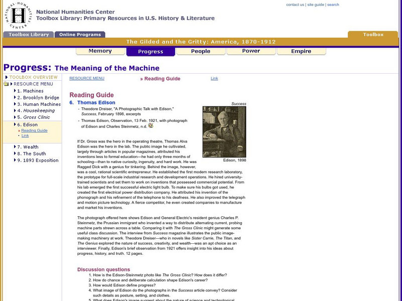 National Humanities Center: Toolbox Library: Progress: The Meaning of the Machine: Thomas Edison Unit Plan National Humanities Center: Toolbox Library: Progress: The Meaning of the Machine: Thomas Edison Unit Plan
