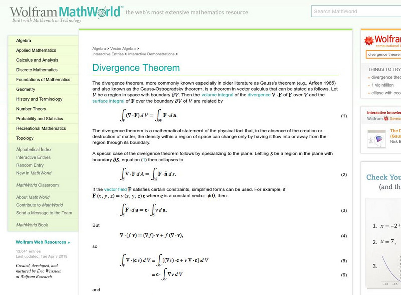 Wolfram Math World: Divergence Theorem Handout