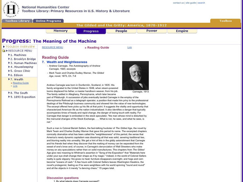 National Humanities Center: Toolbox Library: Wealth, the Gilded and the Gritty: America, 1870 1912 Unit Plan National Humanities Center: Toolbox Library: Wealth, the Gilded and the Gritty: America, 1870 1912 Unit Plan