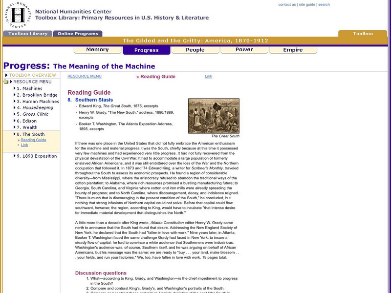 National Humanities Center: Toolbox Library: Progress: The Meaning of the Machine: Southern Stasis Unit Plan National Humanities Center: Toolbox Library: Progress: The Meaning of the Machine: Southern Stasis Unit Plan