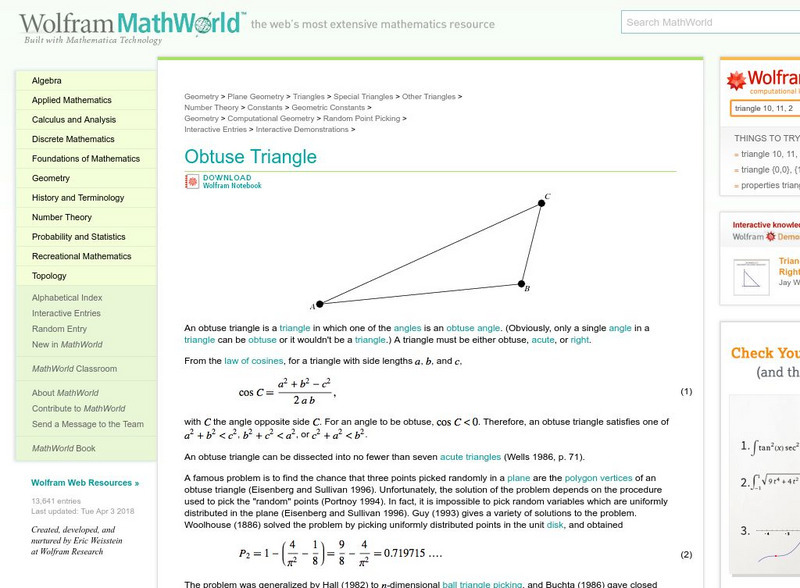 Wolfram Math World: Obtuse Triangles Unit Plan Wolfram Math World: Obtuse Triangles Unit Plan