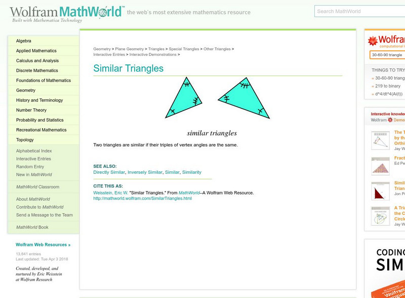 Wolfram Math World: Similar Triangles Handout Wolfram Math World: Similar Triangles Handout