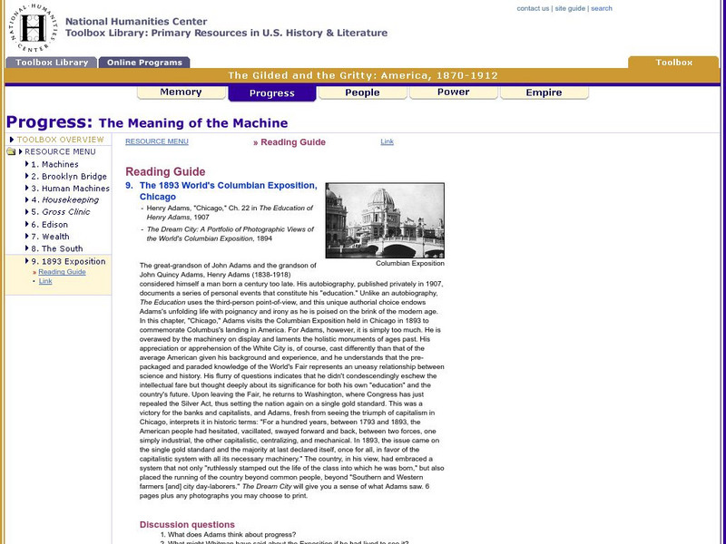 National Humanities Center: Toolbox Library: The Meaning of the Machine: The 1893 World's Columbian Exposition Unit Plan National Humanities Center: Toolbox Library: The Meaning of the Machine: The 1893 World's Columbian Exposition Unit Plan