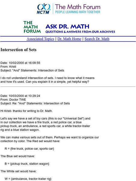 The Math Forum: Ask Dr. Math: Intersection of Sets Activity The Math Forum: Ask Dr. Math: Intersection of Sets Activity