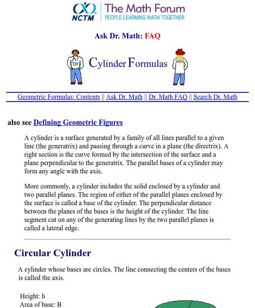 The Math Forum: Cylinder Formulas Unit Plan The Math Forum: Cylinder Formulas Unit Plan