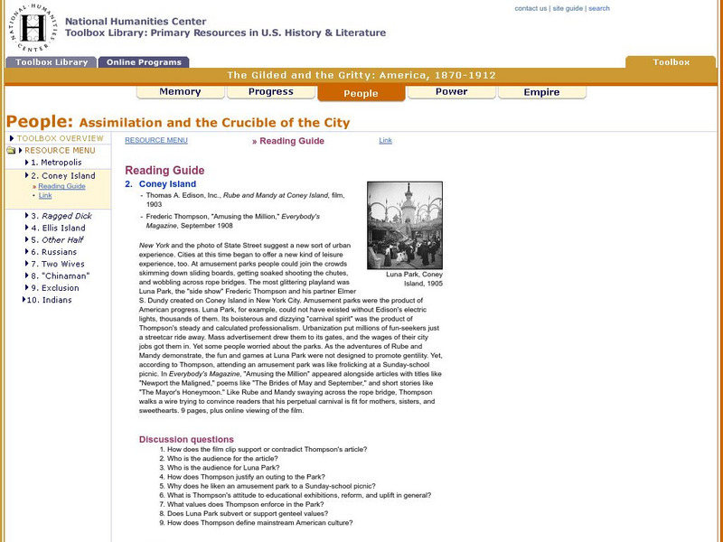 National Humanities Center: Toolbox Library: Coney Island, the Gilded and the Gritty: America, 1870 1912 Activity National Humanities Center: Toolbox Library: Coney Island, the Gilded and the Gritty: America, 1870 1912 Activity
