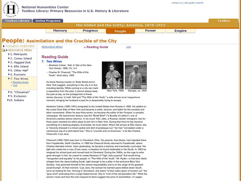 National Humanities Center: Toolbox Library: Assimilation and the Crucible of the City: Reading Guide: Two Stories Unit Plan National Humanities Center: Toolbox Library: Assimilation and the Crucible of the City: Reading Guide: Two Stories Unit Plan