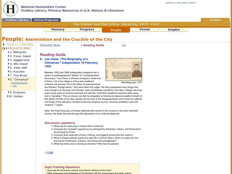 National Humanities Center: Toolbox Library: Lee Chew, "The Biography of a Chinaman" Handout