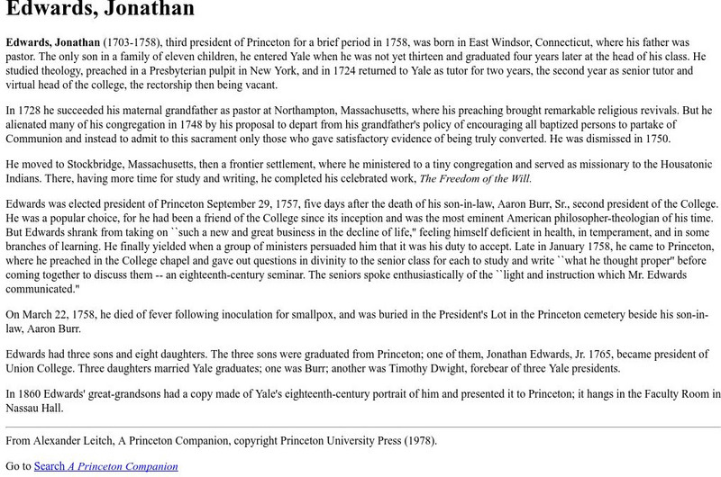 A Princeton Companion: Jonathan Edwards Handout A Princeton Companion: Jonathan Edwards Handout