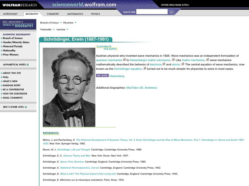 Wolfram Science World: Erwin Schrodinger Handout Wolfram Science World: Erwin Schrodinger Handout