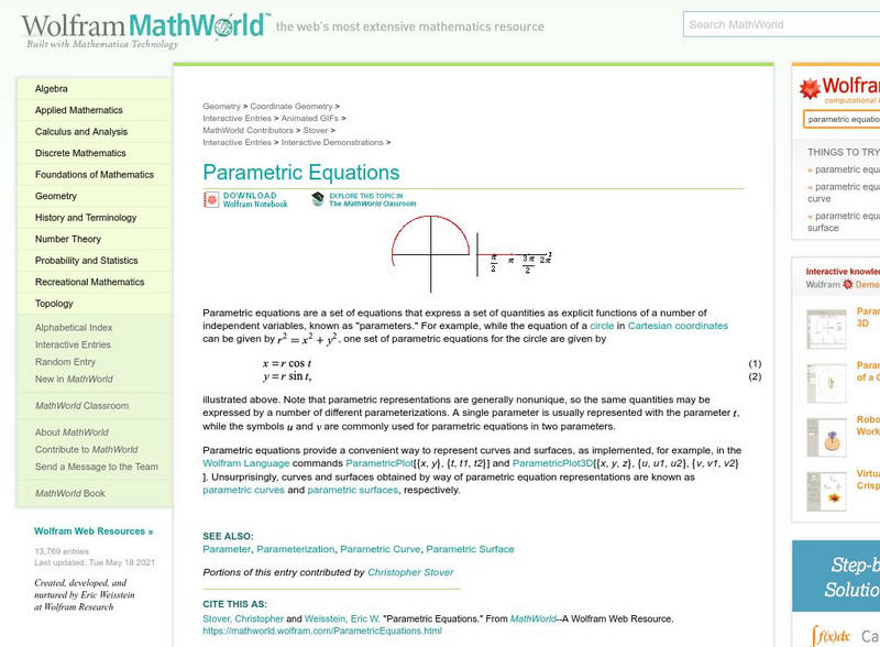 Wolfram Math World Parametric Equations Handout For 9th 10th Grade Wolfram Math World Parametric Equations Handout For 9th 10th Grade