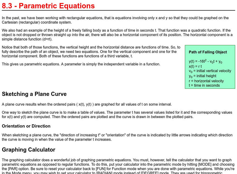 Richland Community College: Parametric Equations Unit Plan Richland Community College: Parametric Equations Unit Plan