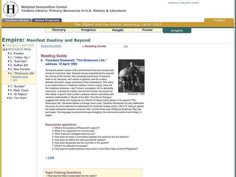 National Humanities Center: Toolbox Library: Manifest Destiny and Beyond: Theodore Roosevelt and the Strenuous Life Primary National Humanities Center: Toolbox Library: Manifest Destiny and Beyond: Theodore Roosevelt and the Strenuous Life Primary