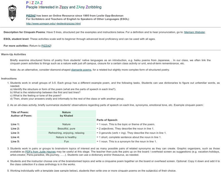 Pizzaz, Creative Writing & Storytelling: Cinquain Poems Lesson Plan Pizzaz, Creative Writing & Storytelling: Cinquain Poems Lesson Plan