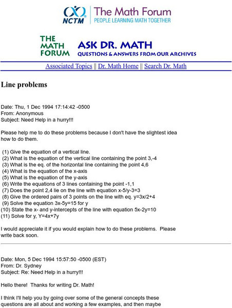 The Math Forum: Ask Dr. Math: Line Problems Unit Plan The Math Forum: Ask Dr. Math: Line Problems Unit Plan