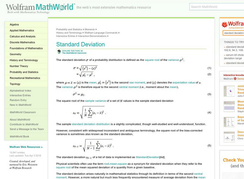 Wolfram Math World: Standard Deviation Handout Wolfram Math World: Standard Deviation Handout