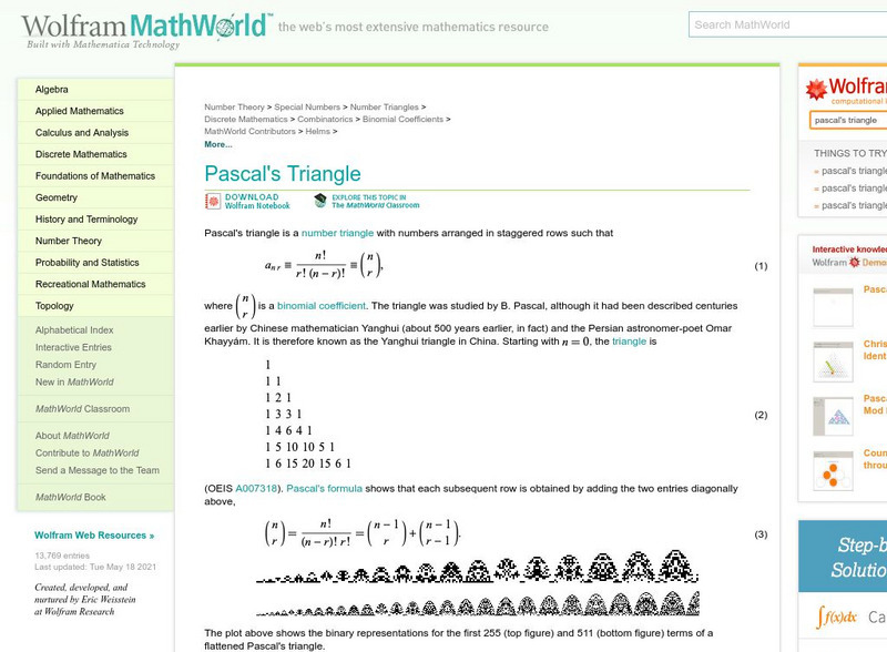 Wolfram Math World: Pascal's Triangle Activity Wolfram Math World: Pascal's Triangle Activity