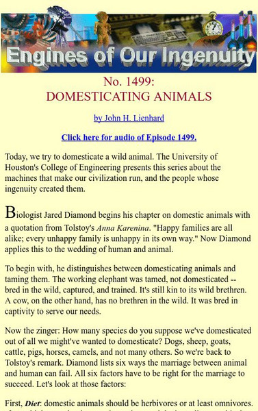 University of Houston: Engines of Our Ingenuity: No. 1499: Domesticating Animals Article University of Houston: Engines of Our Ingenuity: No. 1499: Domesticating Animals Article