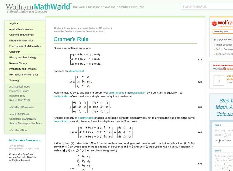 Wolfram Math World: Cramer's Rule Activity Wolfram Math World: Cramer's Rule Activity