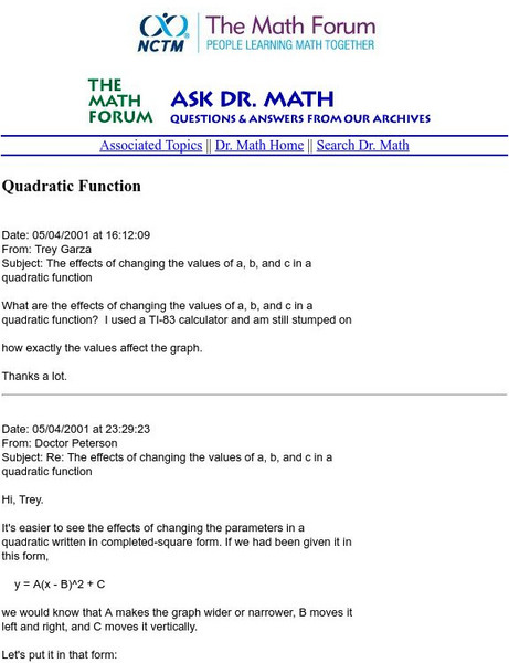 The Math Forum: Ask Dr. Math: Quadratic Function (Changing Coefficients) Activity The Math Forum: Ask Dr. Math: Quadratic Function (Changing Coefficients) Activity
