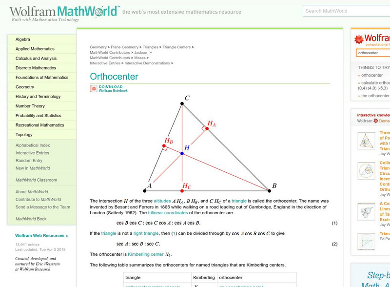 Wolfram Math World: Orthocenter Handout Wolfram Math World: Orthocenter Handout