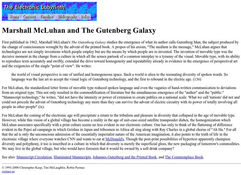 Univ. Of Virginia: Electronic Labyrinth: Marshall Mc Luhan and Gutenberg Galaxy Handout Univ. Of Virginia: Electronic Labyrinth: Marshall Mc Luhan and Gutenberg Galaxy Handout