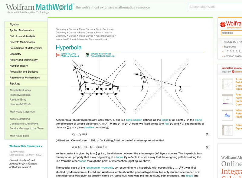 Wolfram Math World: Hyperbola Handout Wolfram Math World: Hyperbola Handout