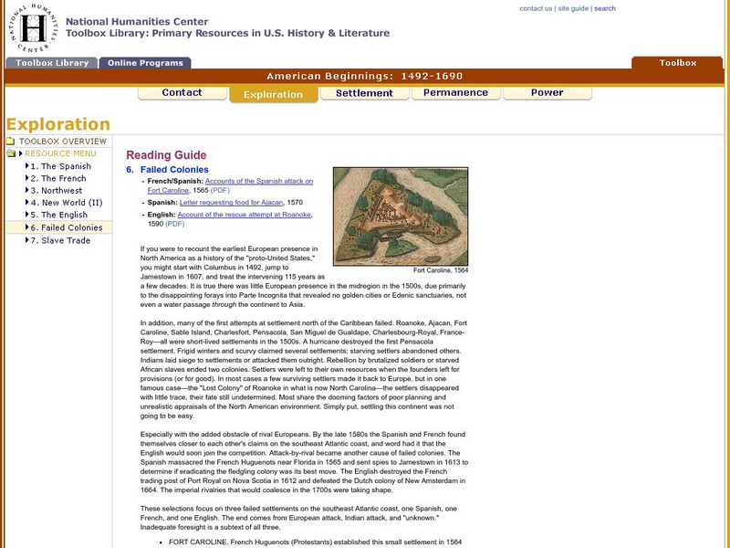 National Humanities Center: Toolbox Library: Failed Colonies, American Beginnings: 1492 1690 Primary National Humanities Center: Toolbox Library: Failed Colonies, American Beginnings: 1492 1690 Primary