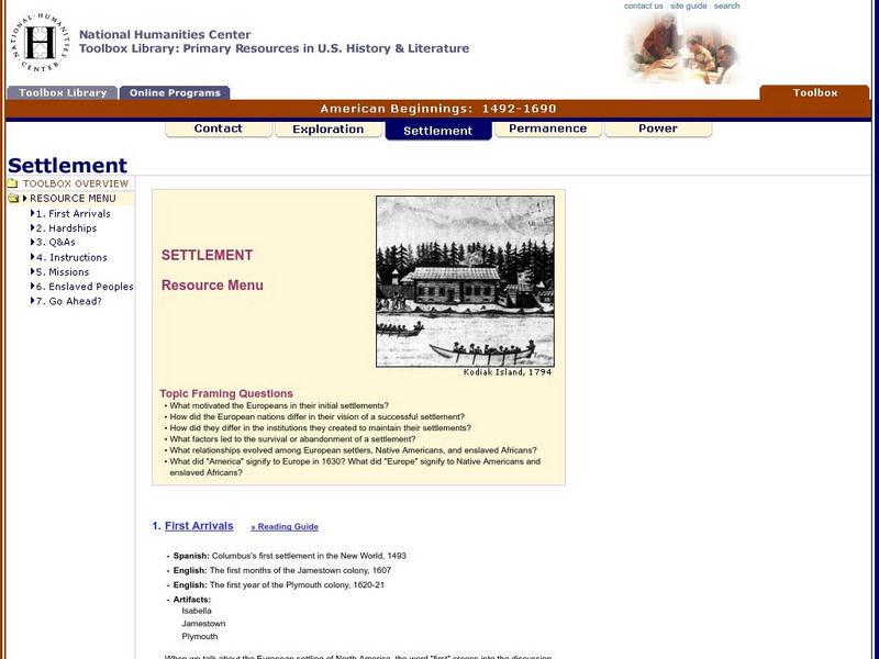 National Humanities Center: Toolbox Library: Settlement, American Beginnings: 1492 1690 Primary National Humanities Center: Toolbox Library: Settlement, American Beginnings: 1492 1690 Primary
