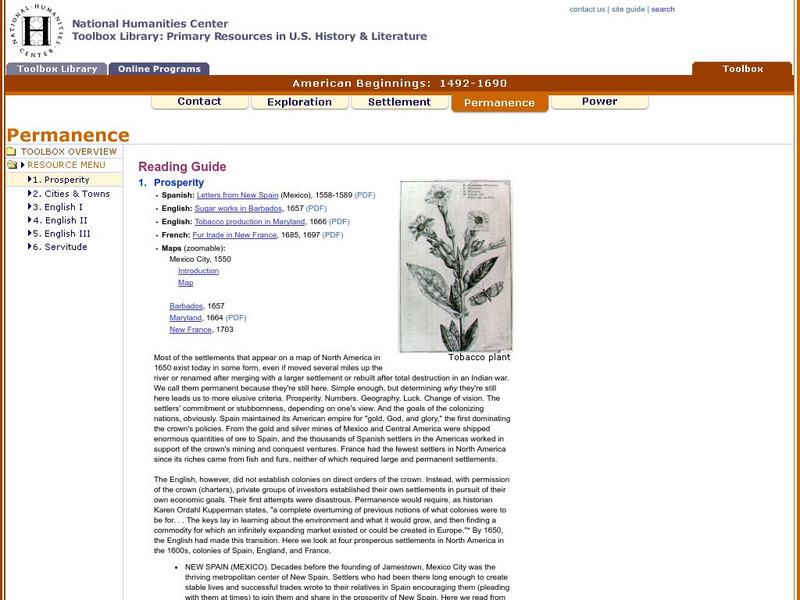 National Humanities Center: Toolbox Library: Prosperity, American Beginnings: 1492 1690 Unit Plan National Humanities Center: Toolbox Library: Prosperity, American Beginnings: 1492 1690 Unit Plan