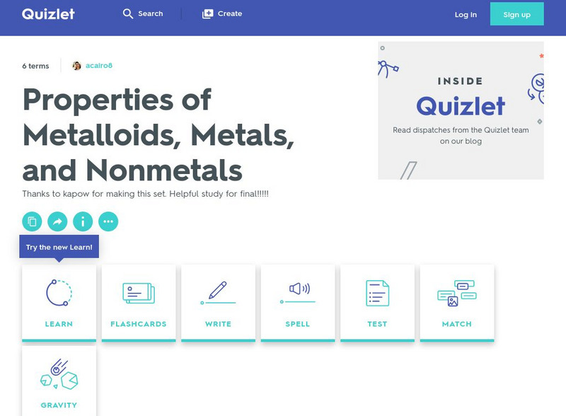 Quizlet: Properties of Metalloids, Metals, and Nonmetals Unit Plan Quizlet: Properties of Metalloids, Metals, and Nonmetals Unit Plan
