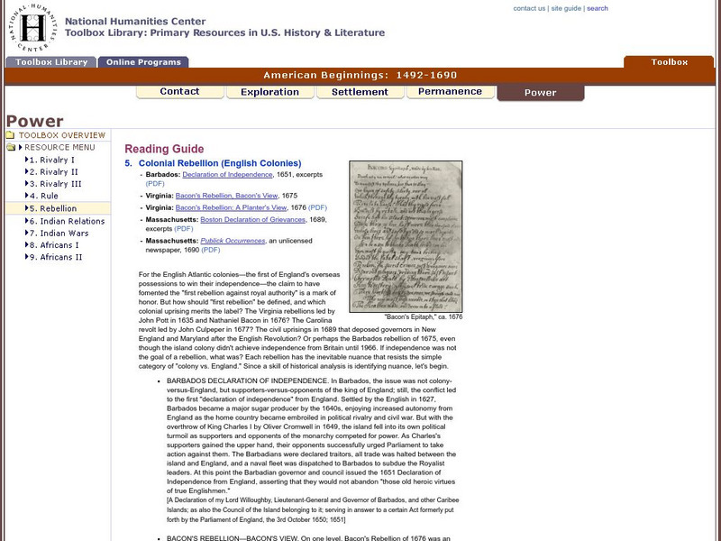 National Humanities Center: Toolbox Library: Rebellion, American Beginnings: 1492 1690 Primary National Humanities Center: Toolbox Library: Rebellion, American Beginnings: 1492 1690 Primary