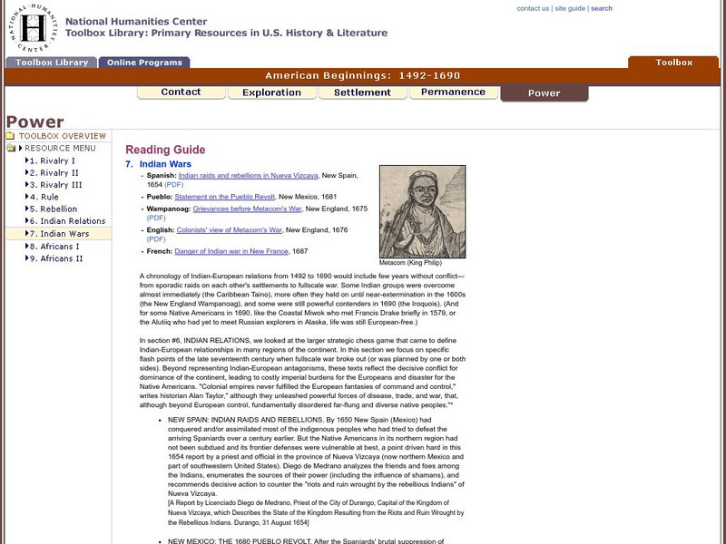 National Humanities Center: Toolbox Library: Indian Wars, American Beginnings: 1492 1690 Article National Humanities Center: Toolbox Library: Indian Wars, American Beginnings: 1492 1690 Article