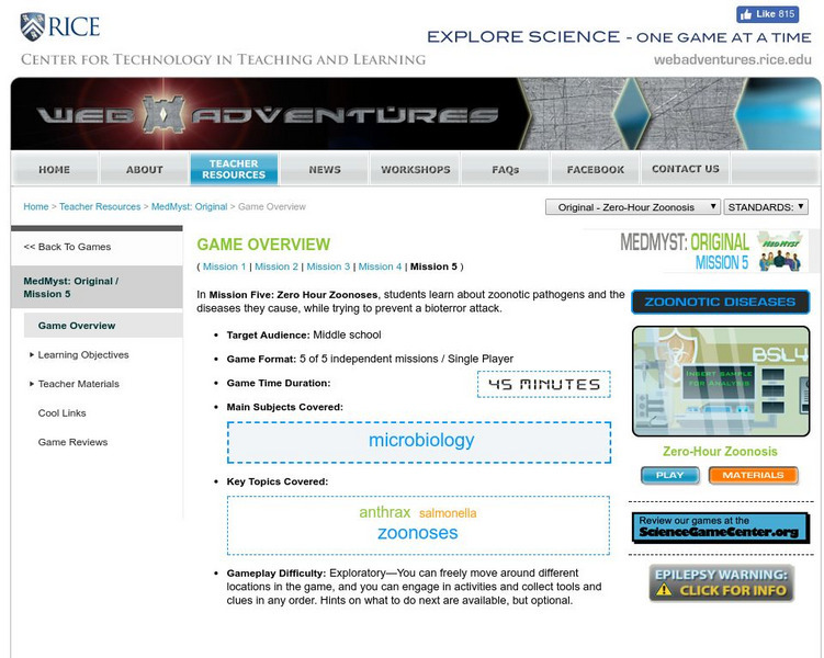 Rice University: Web Adventures: Med Myst: Zero Hour Zoonoses Interactive Rice University: Web Adventures: Med Myst: Zero Hour Zoonoses Interactive