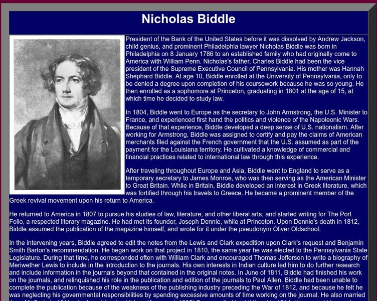 University of Virginia: Encountering the West: Nicholas Biddle Handout University of Virginia: Encountering the West: Nicholas Biddle Handout