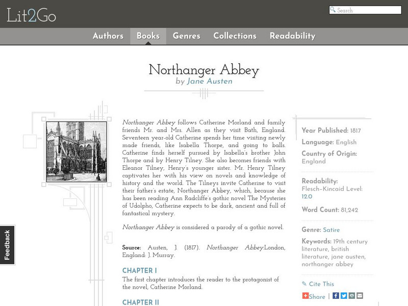 Educational Technology Clearinghouse: Lit2 Go: "Northanger Abbey" Website