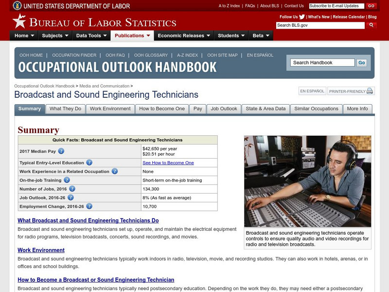 Bureau of Labor Statistics: Broadcast and Sound Engineers Handout Bureau of Labor Statistics: Broadcast and Sound Engineers Handout