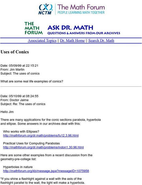 The Math Forum: Ask Dr. Math: Uses of Conics Website The Math Forum: Ask Dr. Math: Uses of Conics Website