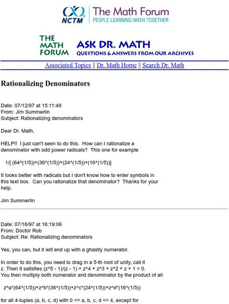 The Math Forum: Ask Dr. Math: Rationalizing the Denominator Activity