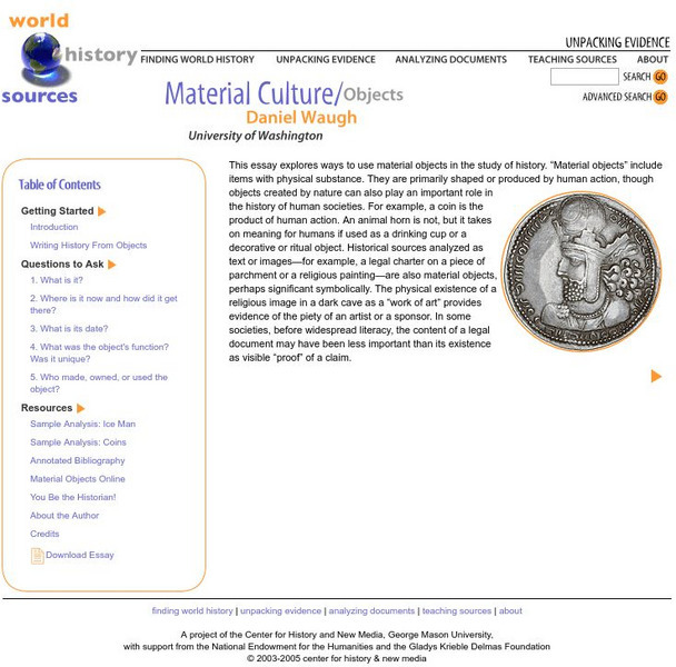 George Mason University: World History Sources: Material Culture: Objects Unit Plan George Mason University: World History Sources: Material Culture: Objects Unit Plan