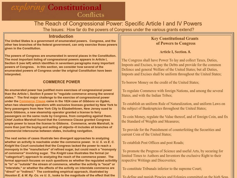 Exploring Constitutional Conflicts: The Reach of Congressional Power Activity Exploring Constitutional Conflicts: The Reach of Congressional Power Activity